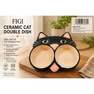 FIGI Graphics 2002 Vtg Ceramic Black Cat Double Dish CBO-CAT-101 Trinket Bowl